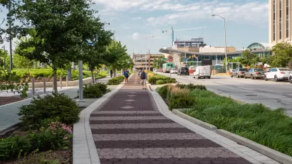 Protected bike path with raised curb in Indianapolis, Indiana